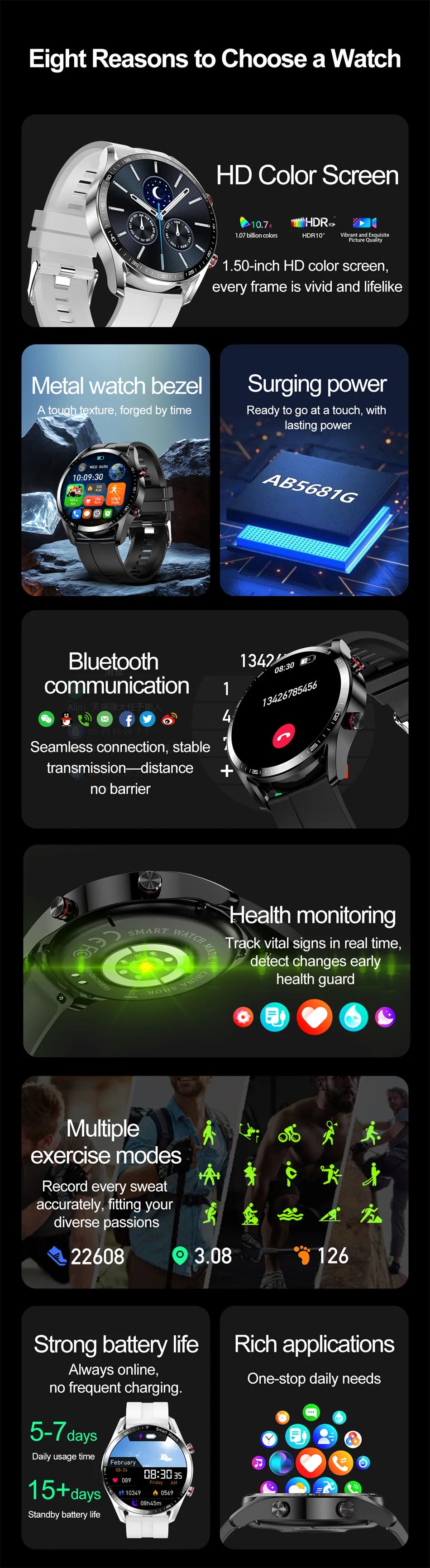 Smart Watch Men Multi-Sport Mode Heart Rate Health Monitoring Waterproof Business Smartwatch
